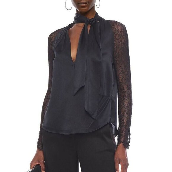 Jonathan Simkhai Tops - Jonathan Simkhai Satin Tie Neck Chantilly Lace Sleeve Wrap Black Blouse XS